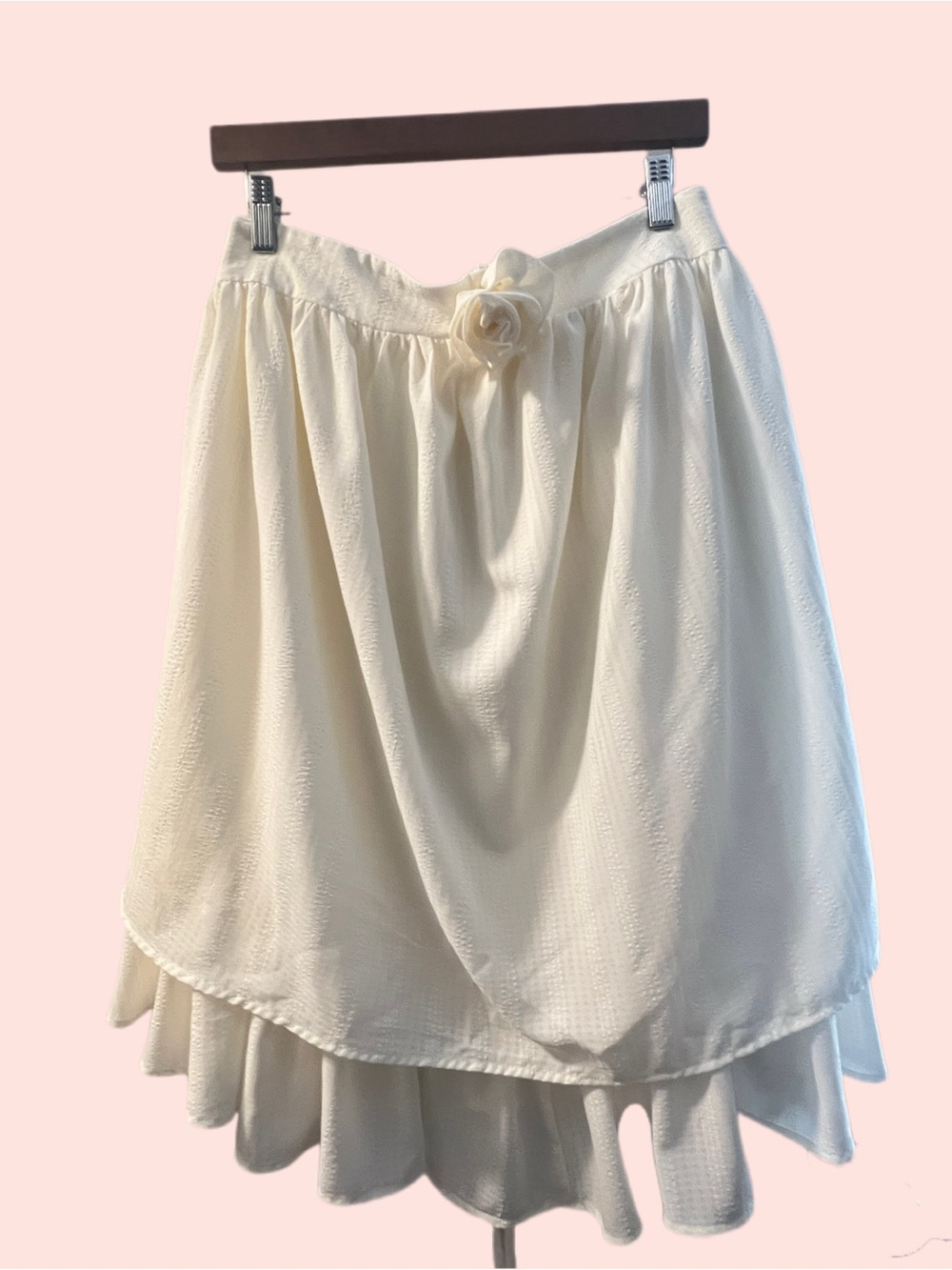 Cream Layered Midi Skirt with Rosette Waist Accent